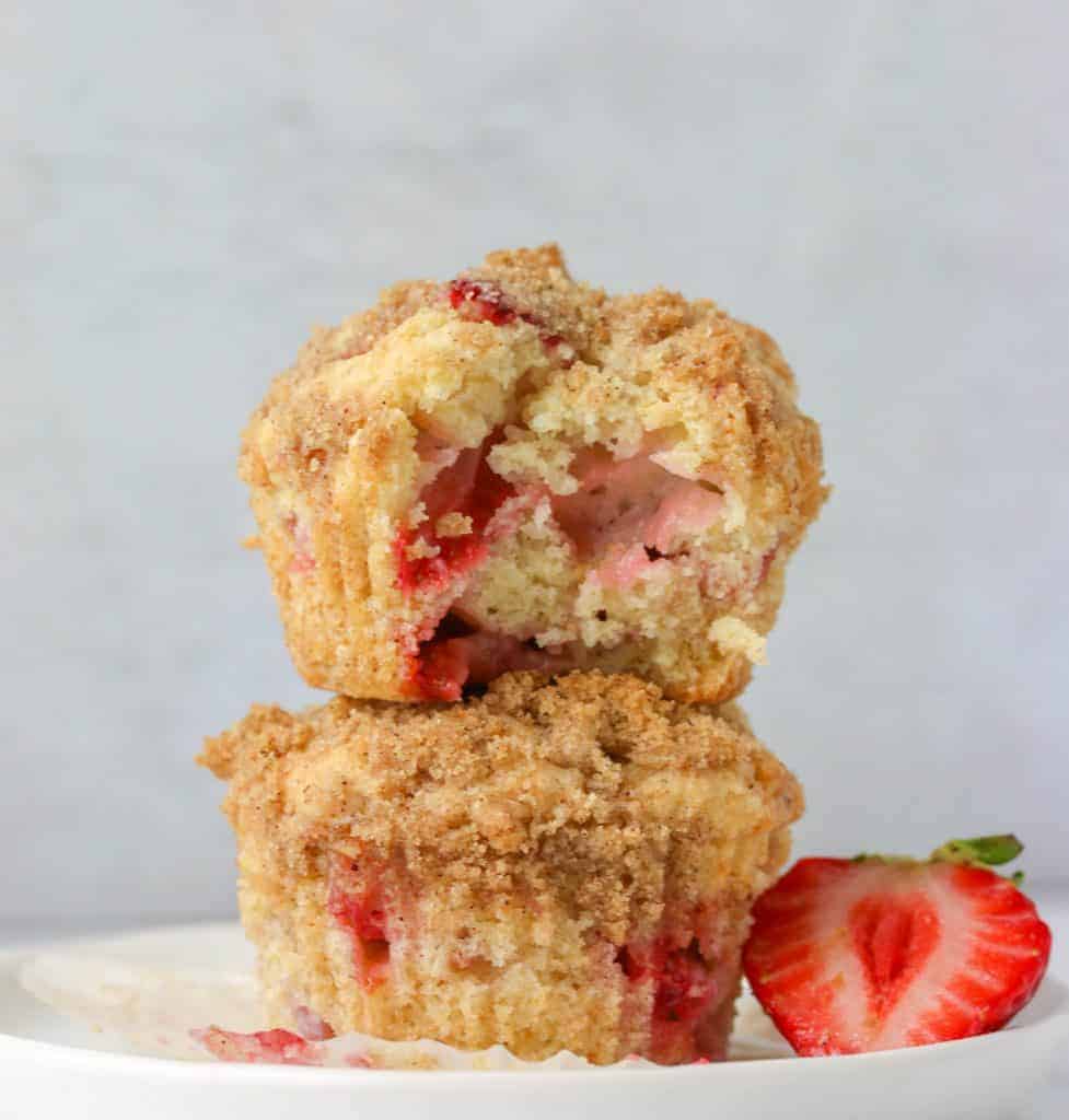 two strawberry muffins stacked