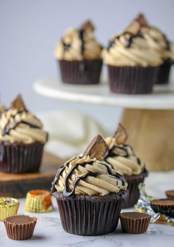 Chocolate peanut butter cupcakes topped with a peanut butter cup