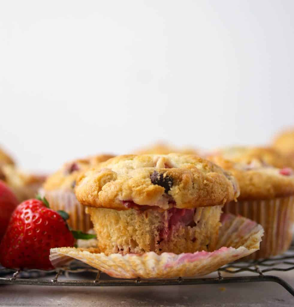 strawberry muffin with liner peeled off
