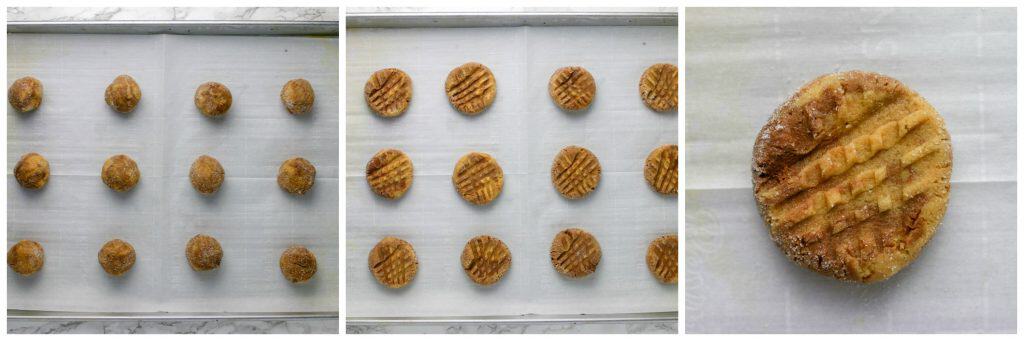 peanut butter nutella cookies shaped and pressed with a fork