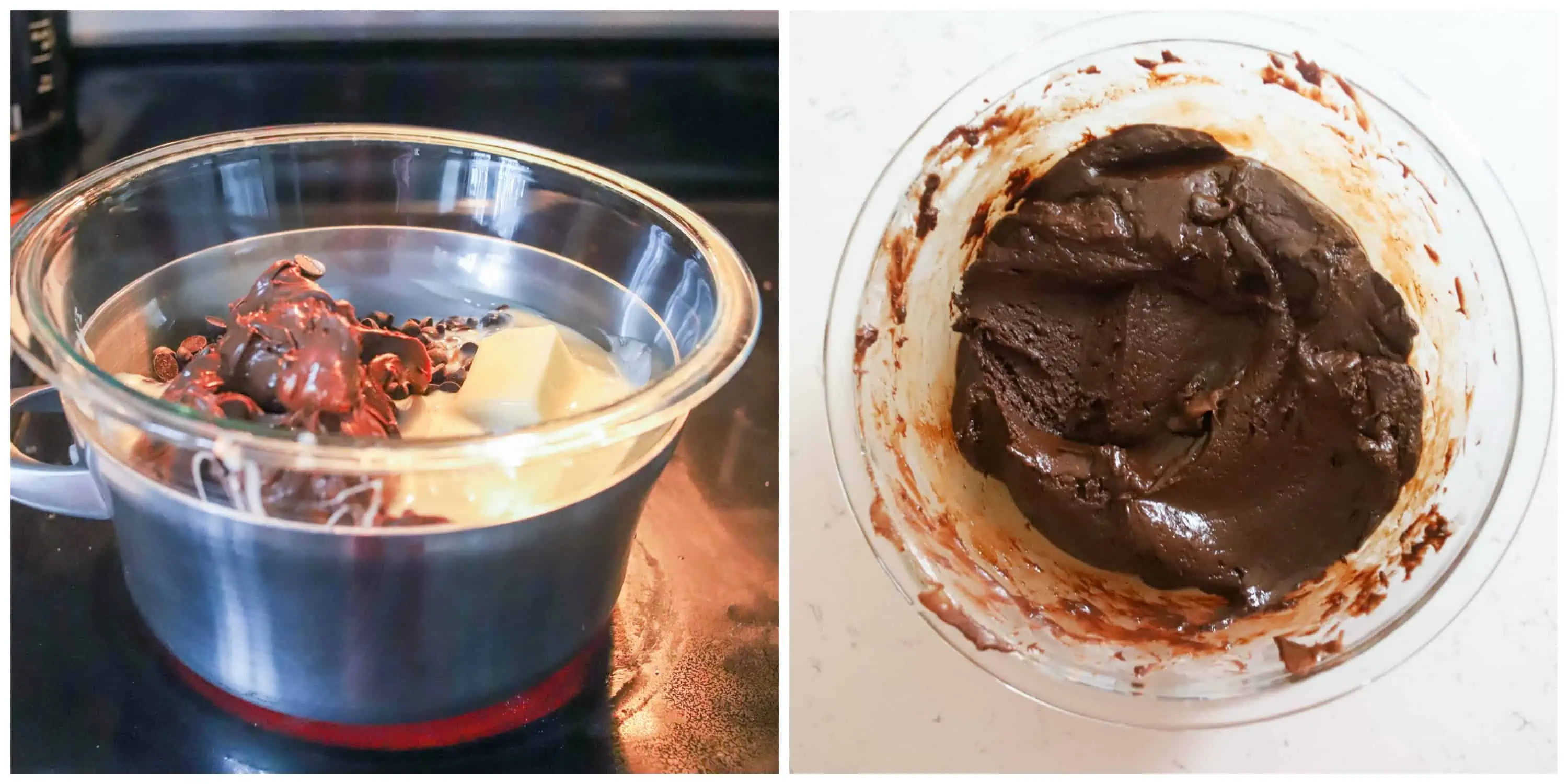 two photos of fudge mixture in bowl over double boiler and fudge mixture melted together