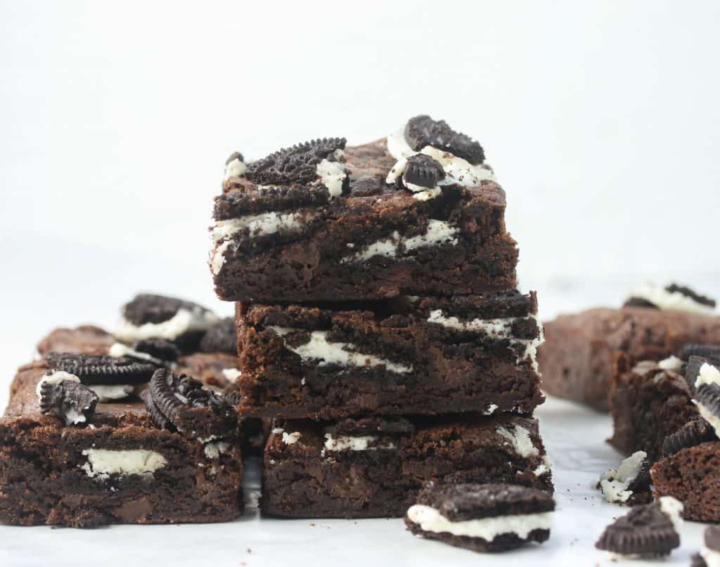 three Oreo brownies stacked on top of each other