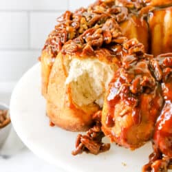 overnight monkey bread on a cake stand