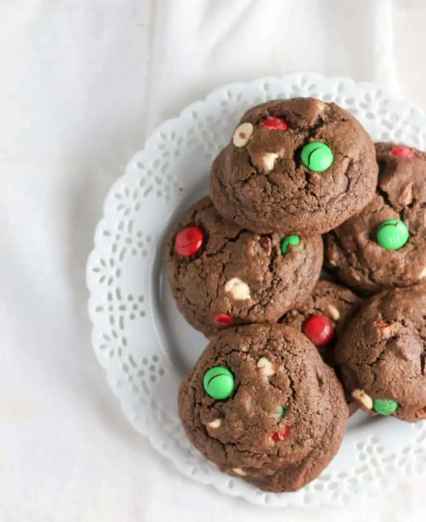 chocolate M&M cookies on a plate