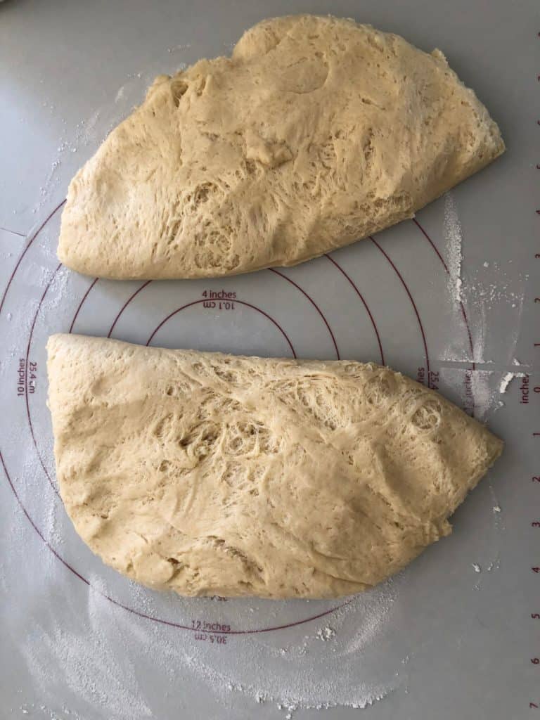 chocolate babka dough cut in half