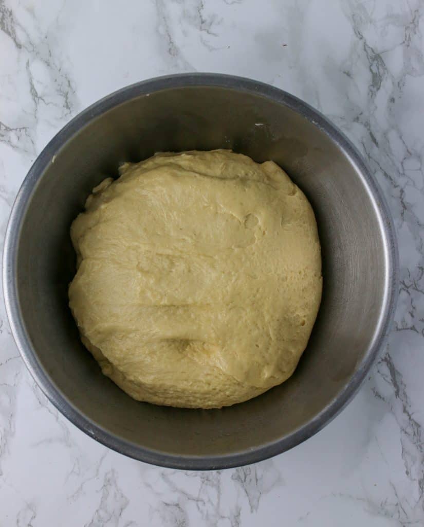 bowl of babka dough rising in a bowl