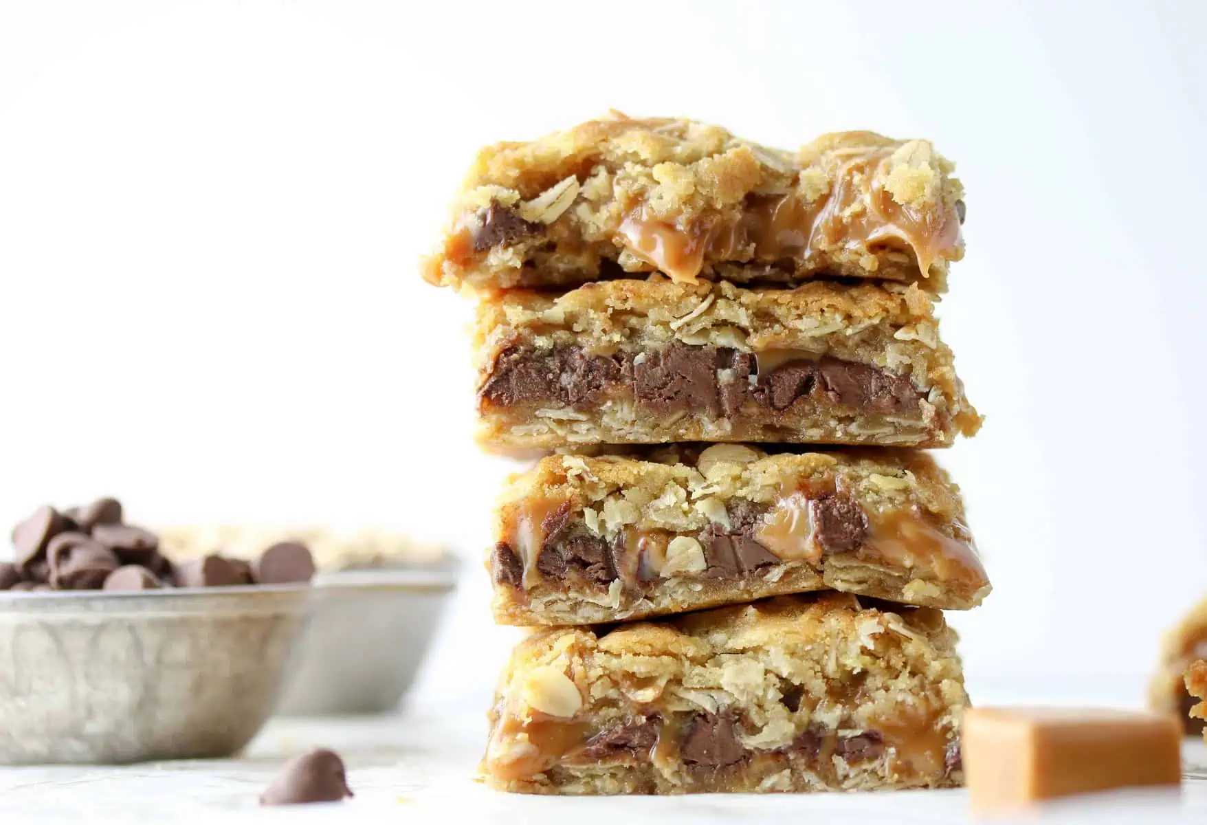 4 caramel oatmeal bars stacked