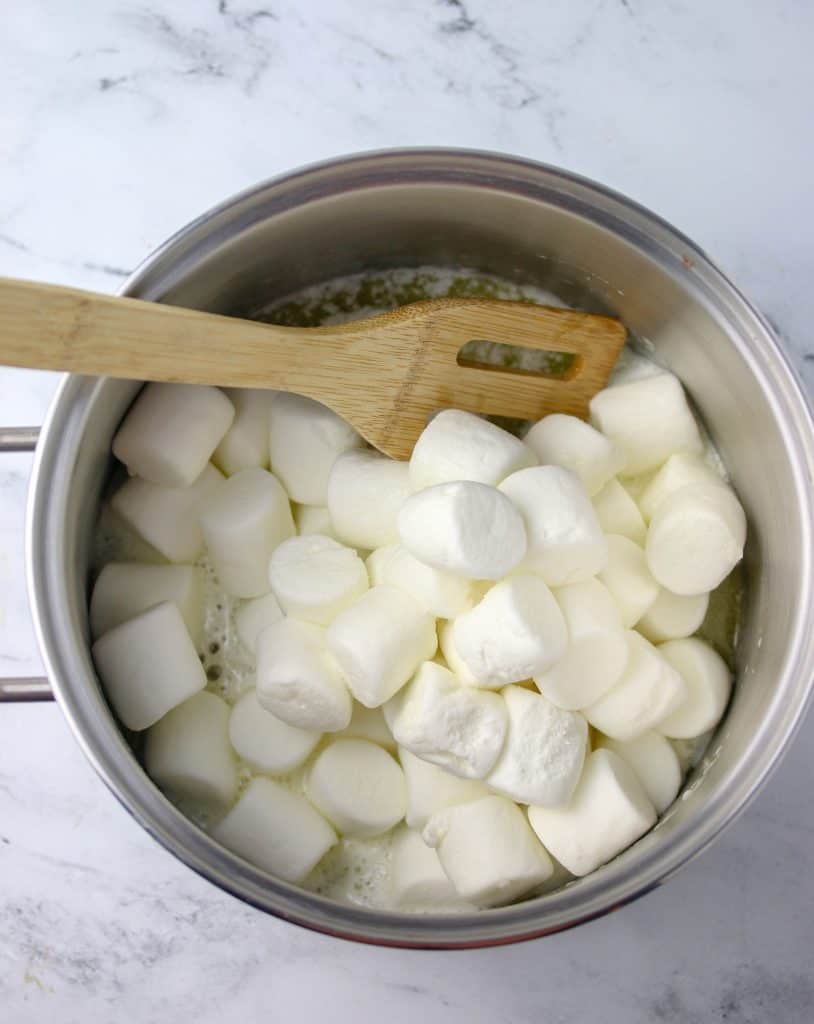 pot of marshmallows and melted butter for rice krispie treats