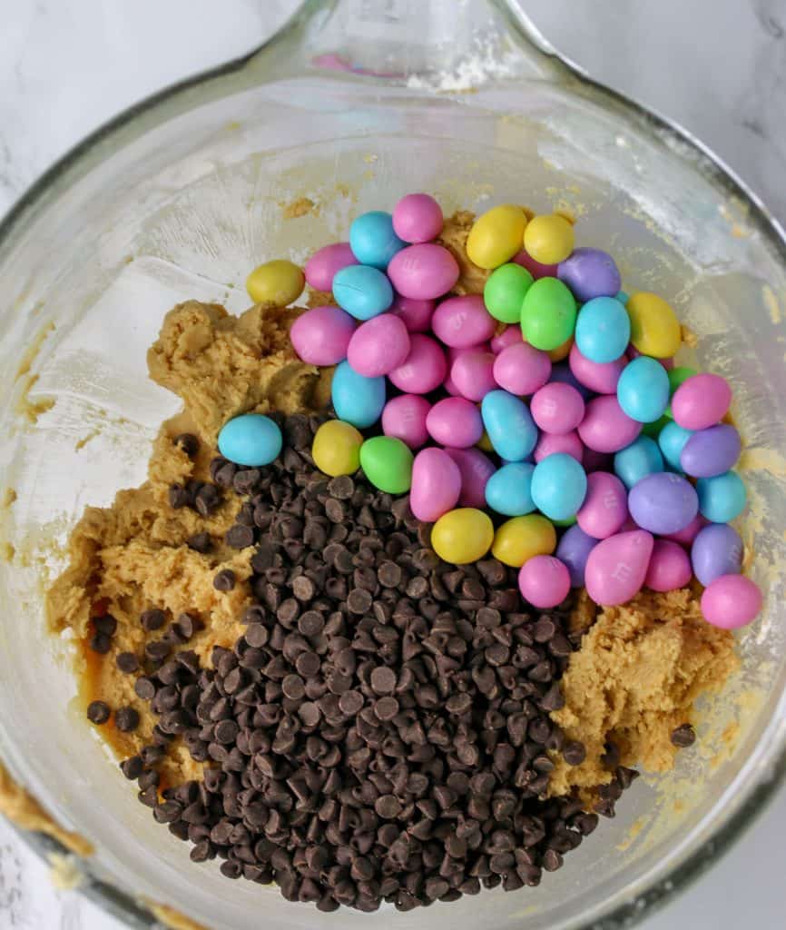 peanut butter M&M's and chocolate chips added to dough