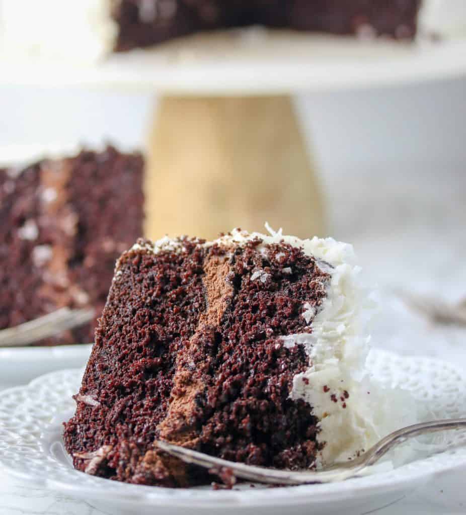 slice of chocolate coconut cake on a plate with a fork