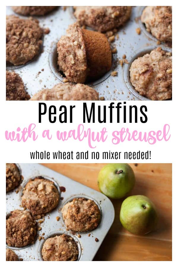 Pear Muffins with a walnut streusel - no mixer required, quick and easy breakfast muffin recipe, made with yogurt and whole wheat flour. Perfect for brunch!
