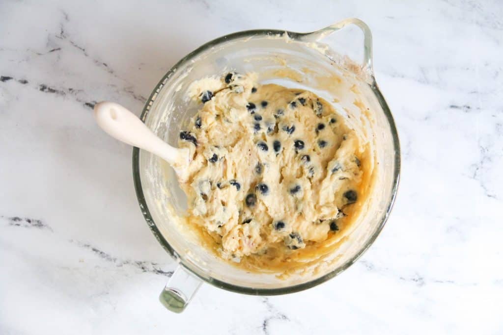 blueberry crumb cake batter in a stand mixer bowl