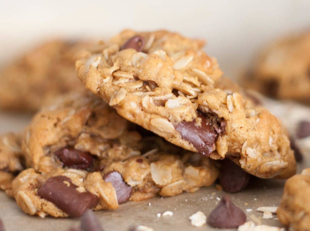 two flourless oatmeal chocolate chip cookies