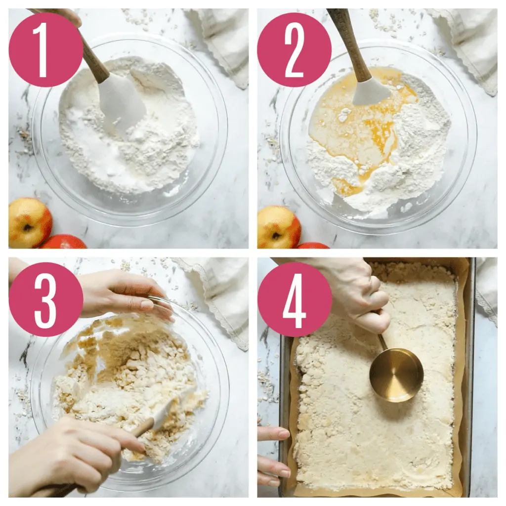 step by step photo collage of making shortbread crust for apple bars