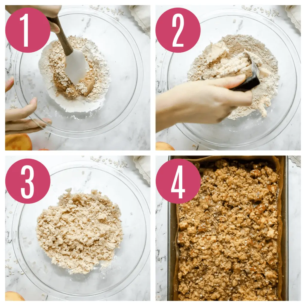 step by step photo collage of making streusel for caramel apple bars