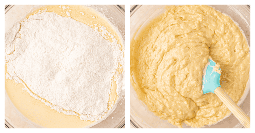 dry ingredients to wet ingredients in a bowl and mixed together