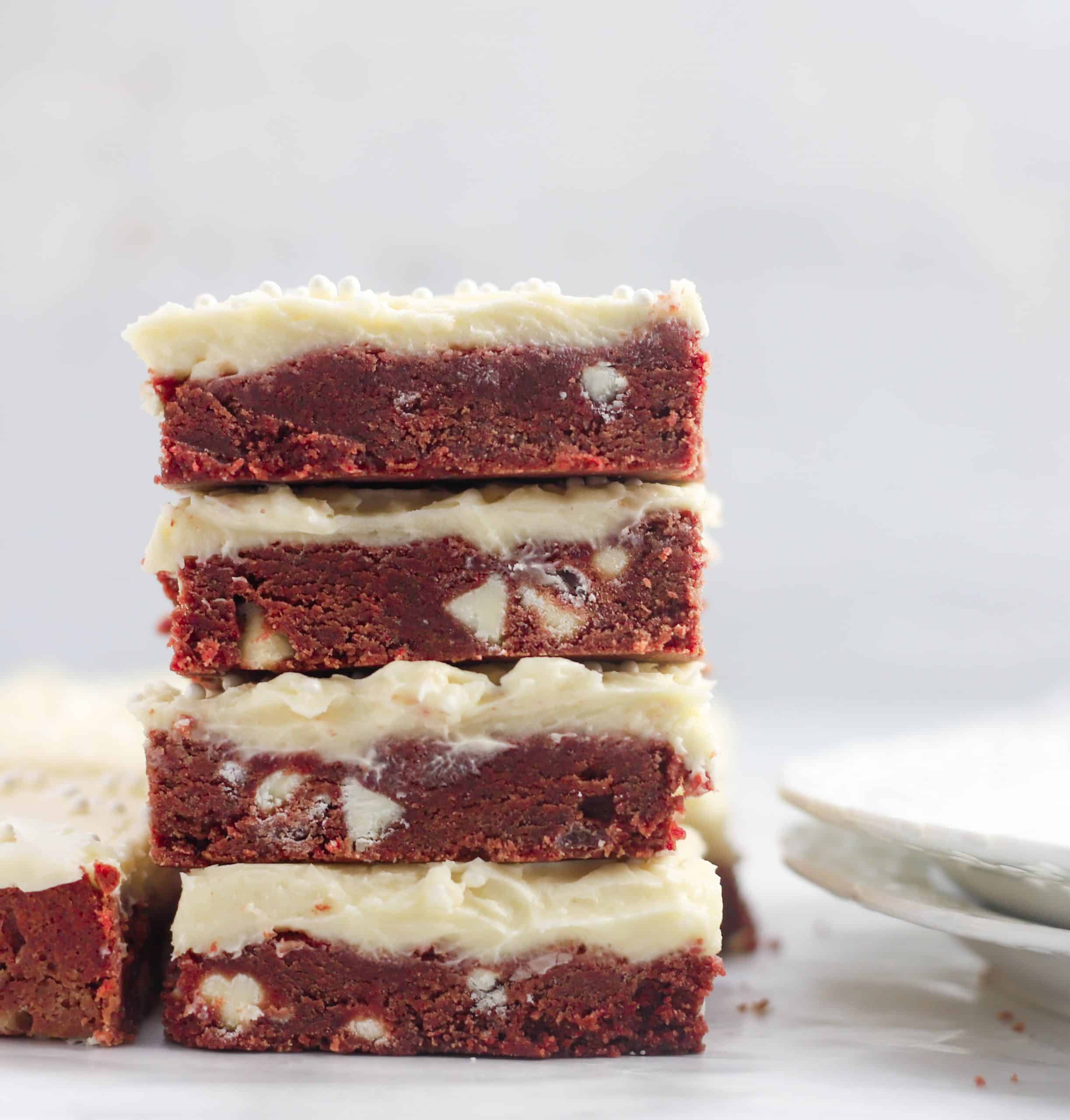 four red velvet bars stacked on top of each other