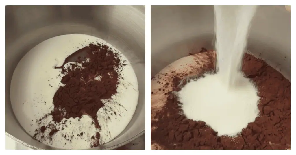 cocoa and sugar added to the saucepan