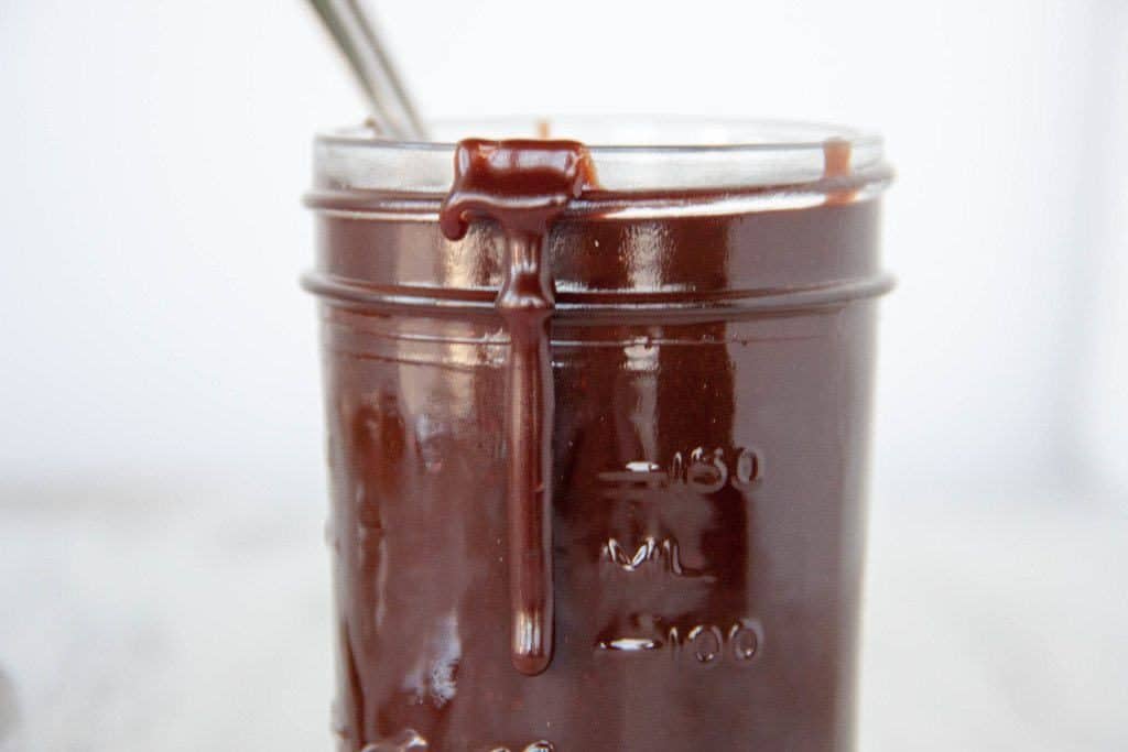 mason jar of hot fudge sacue