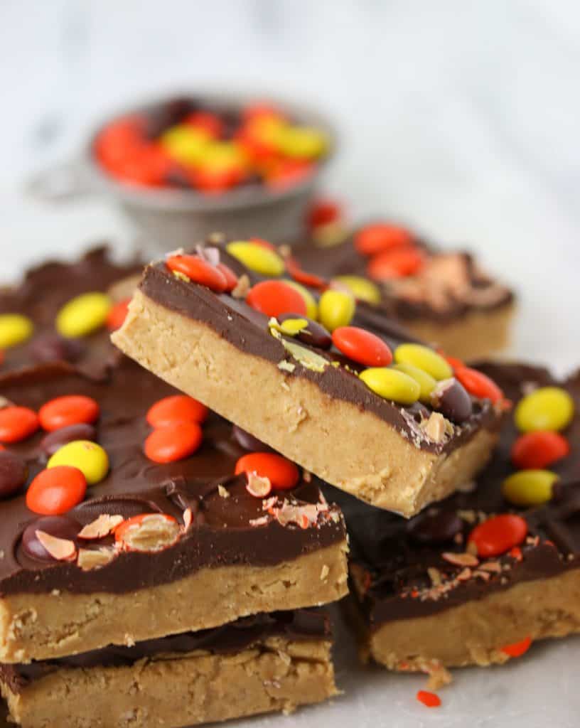 a pile of no bake peanut butter bars