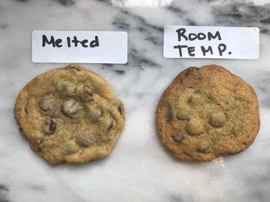 melted butter chocolate chip cookie and room temperatue butter cookie