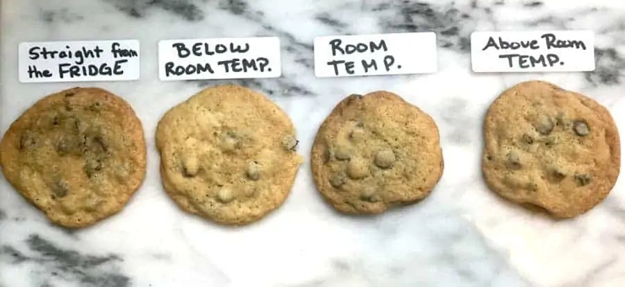 four chocolate chip cookies made with different temperature butters