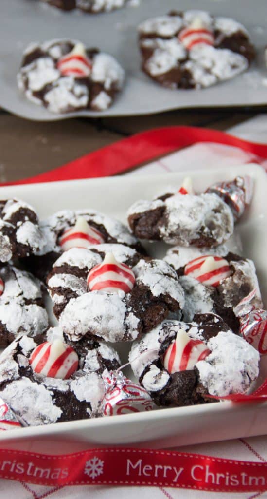 a platter of chocolate peppermint kiss cookies
