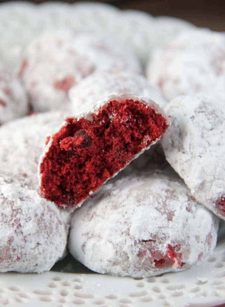 red velvet snowball cookie cut in half
