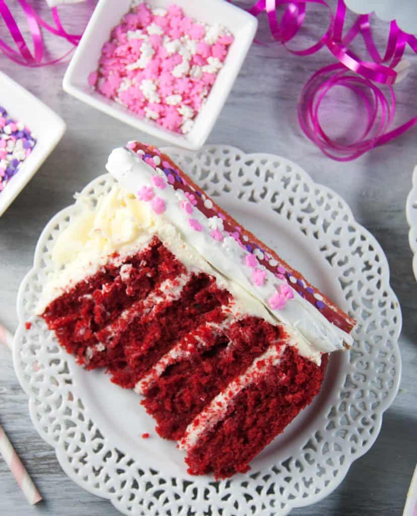 slice of White Chocolate Red Velvet Cake