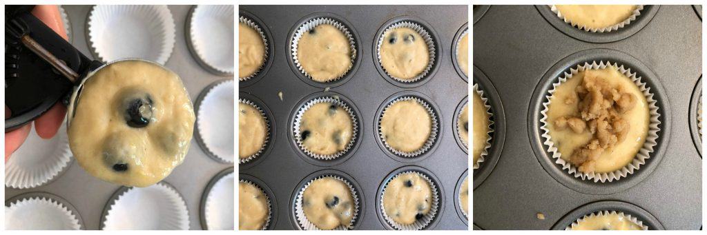 muffin batter scooped into a cupcake pan with a cookie scoop