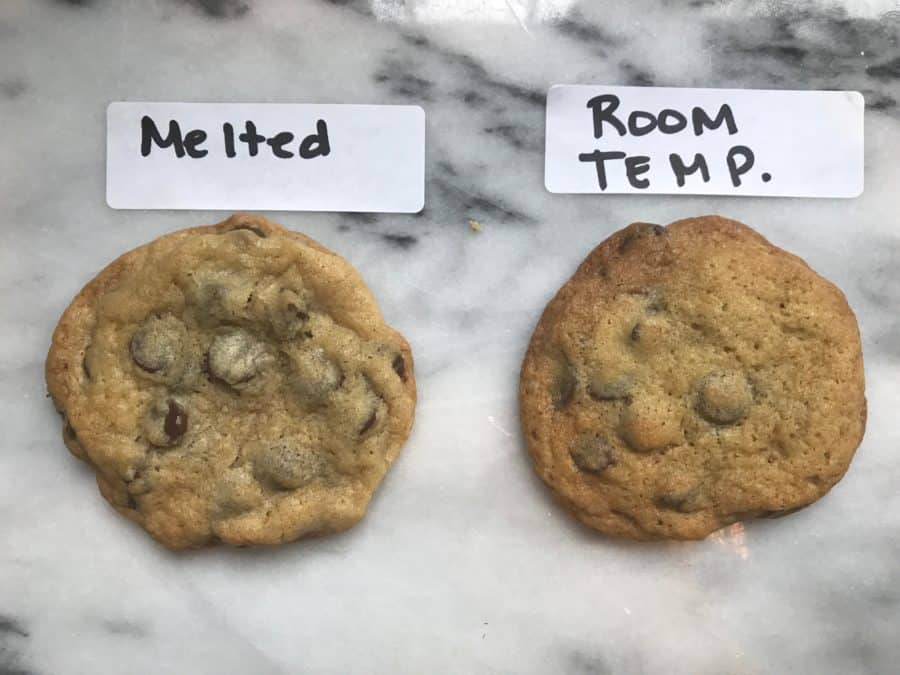 two cookies- one made with melted butter and one made with room temperature butter