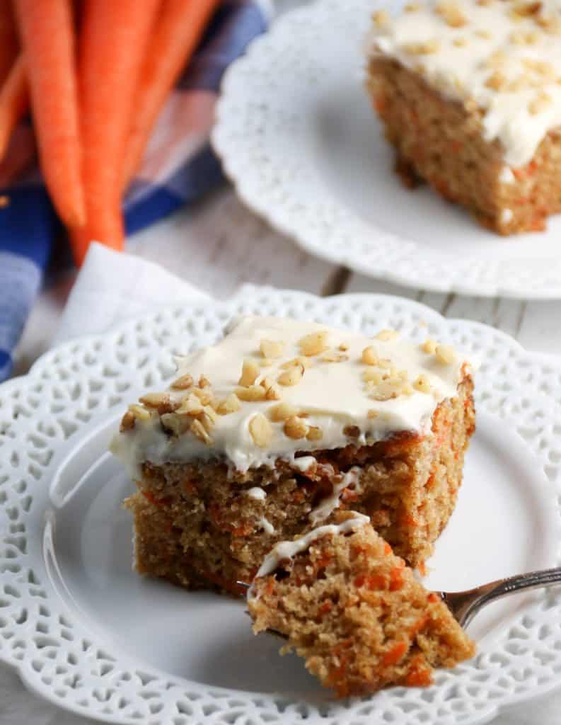 slice of carrot sheet cake on a plate