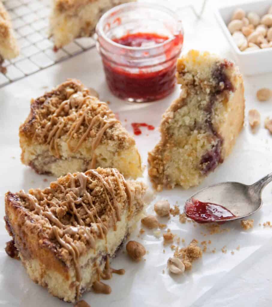 three slices of peanut butter and jelly coffeecake with jam