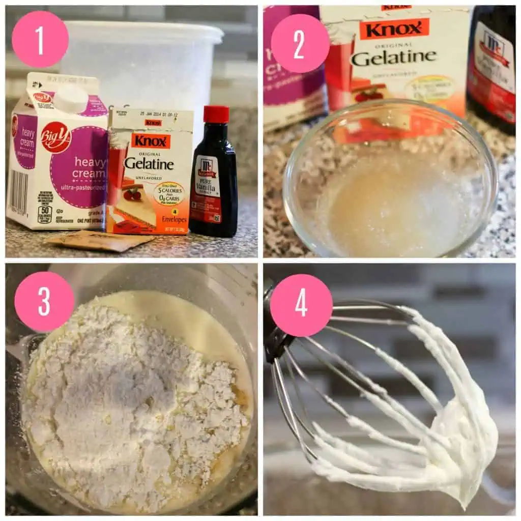 Learn how to make stabilized whipped cream in this step by step photo baking tutorial! Collage of how to make whipped cream step by step
