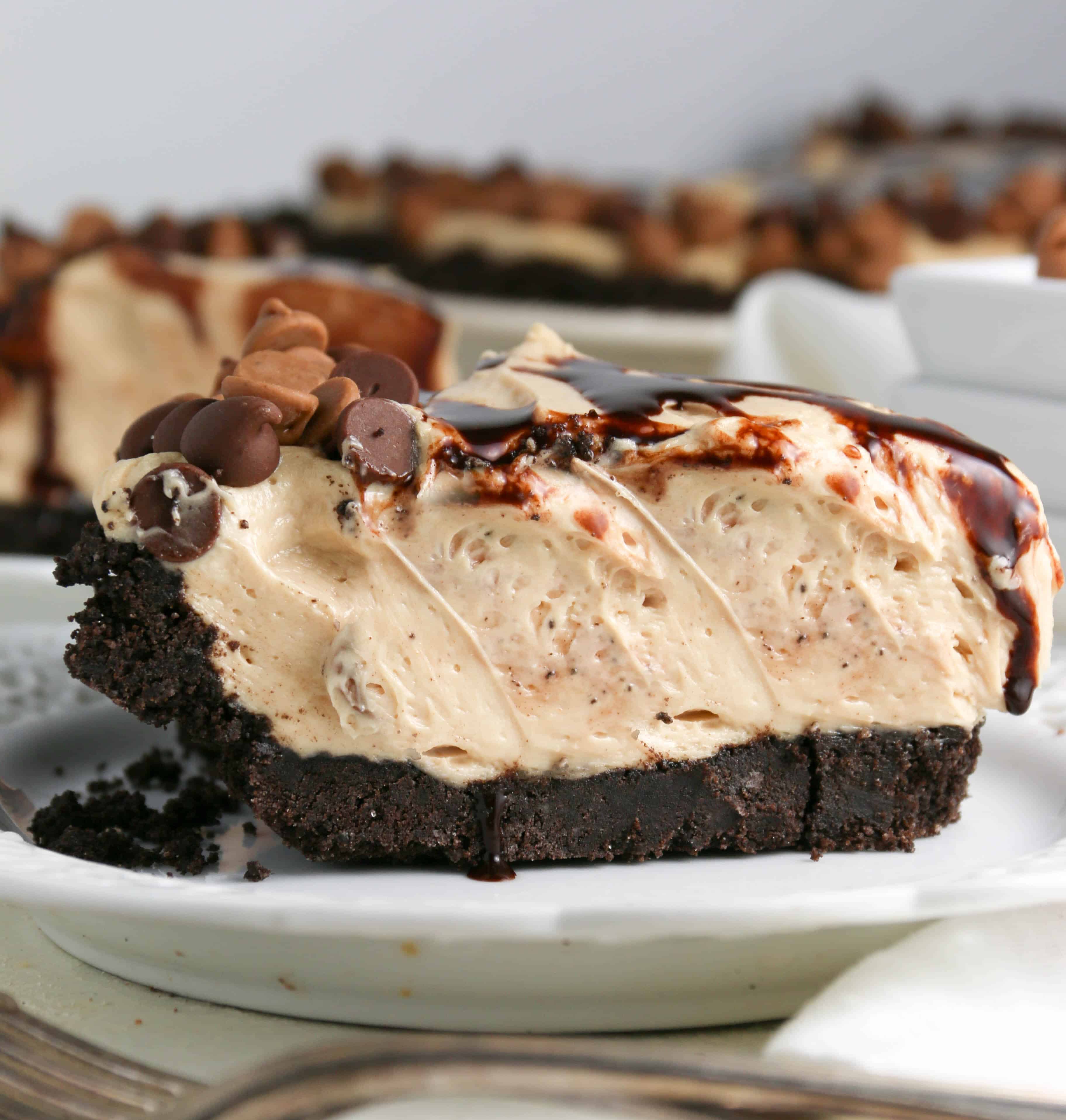 Slice of no bake peanut butter pie on a plate