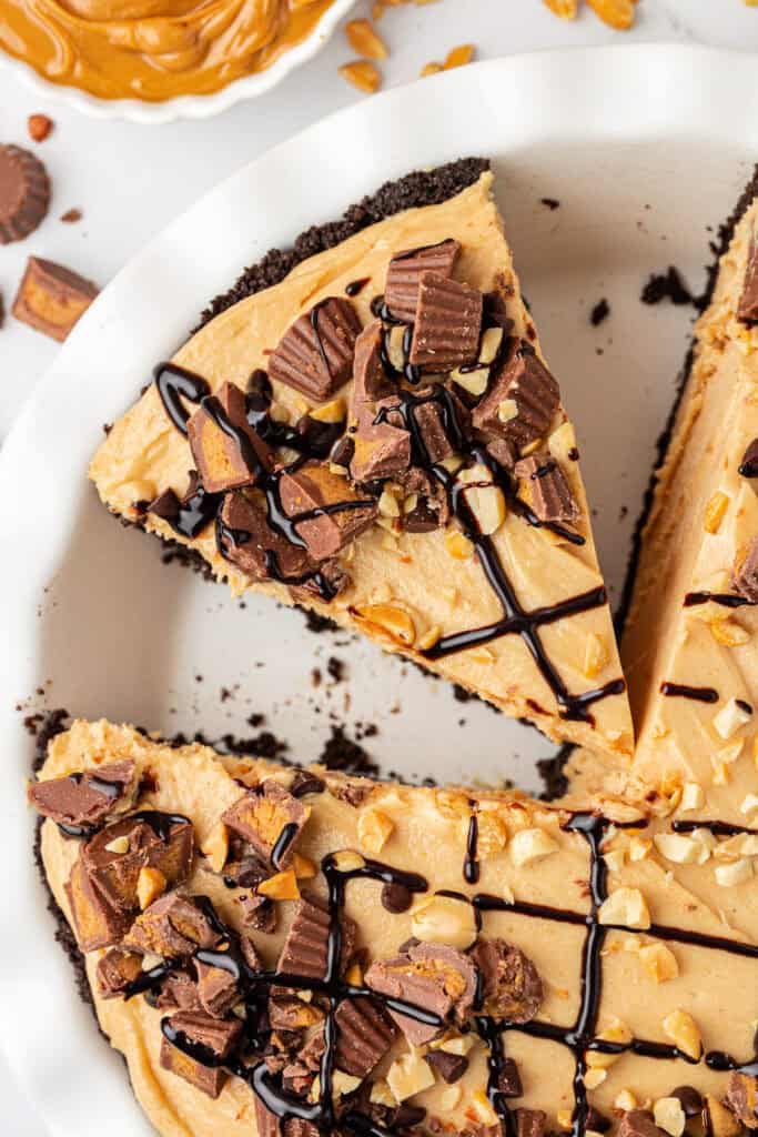 no bake peanut butter pie sliced in pie plate