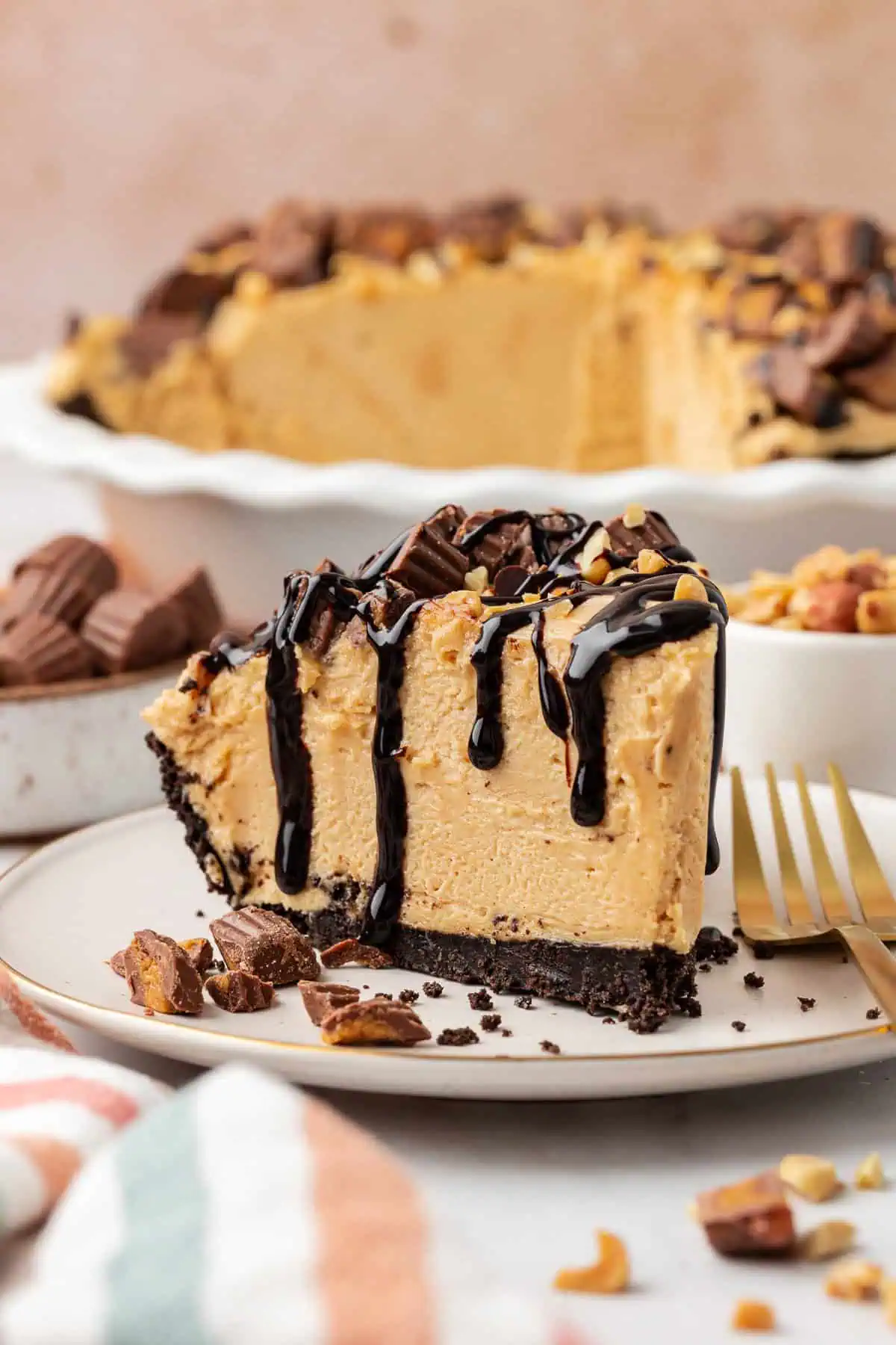 slice of no bake peanut butter pie on a plate