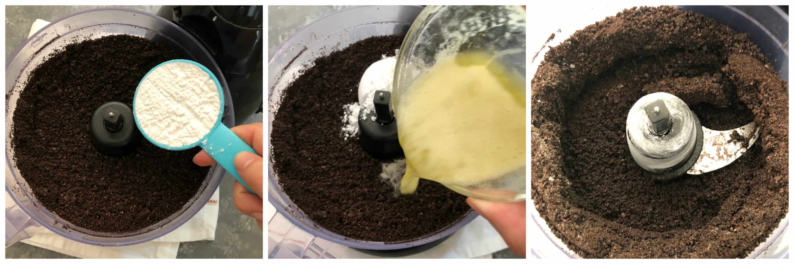 Powdered sugar and melted butter added to oreo crumbs in food processor