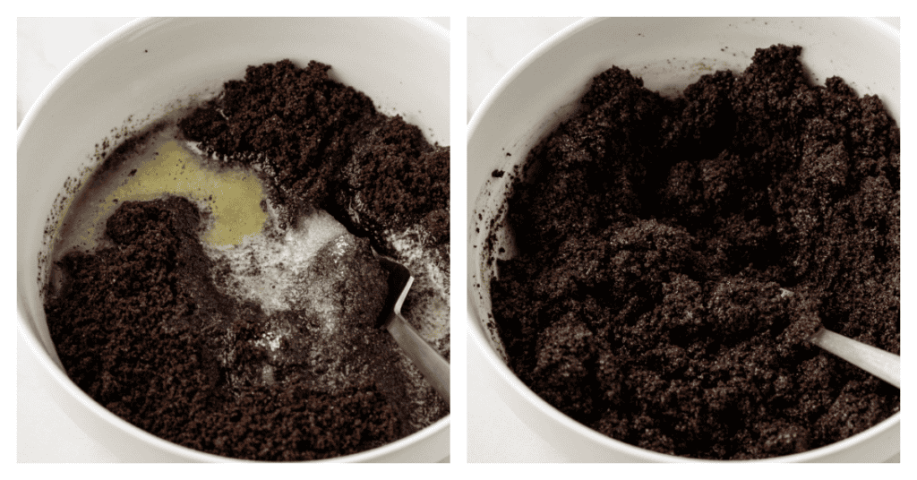 oreo crumb crust mixture in a bowl stirred together