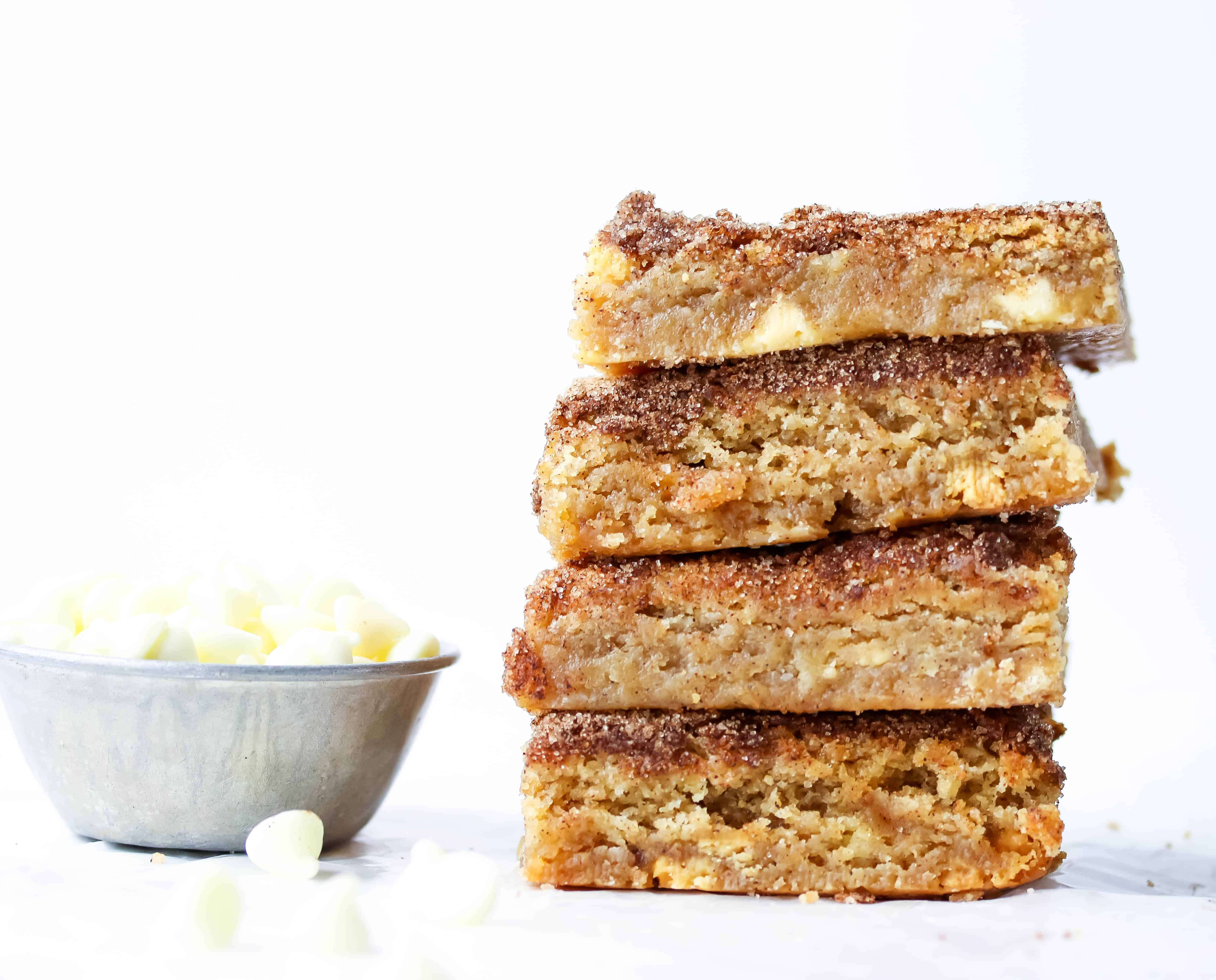 stack of white chocolate snickerdoodle blondies
