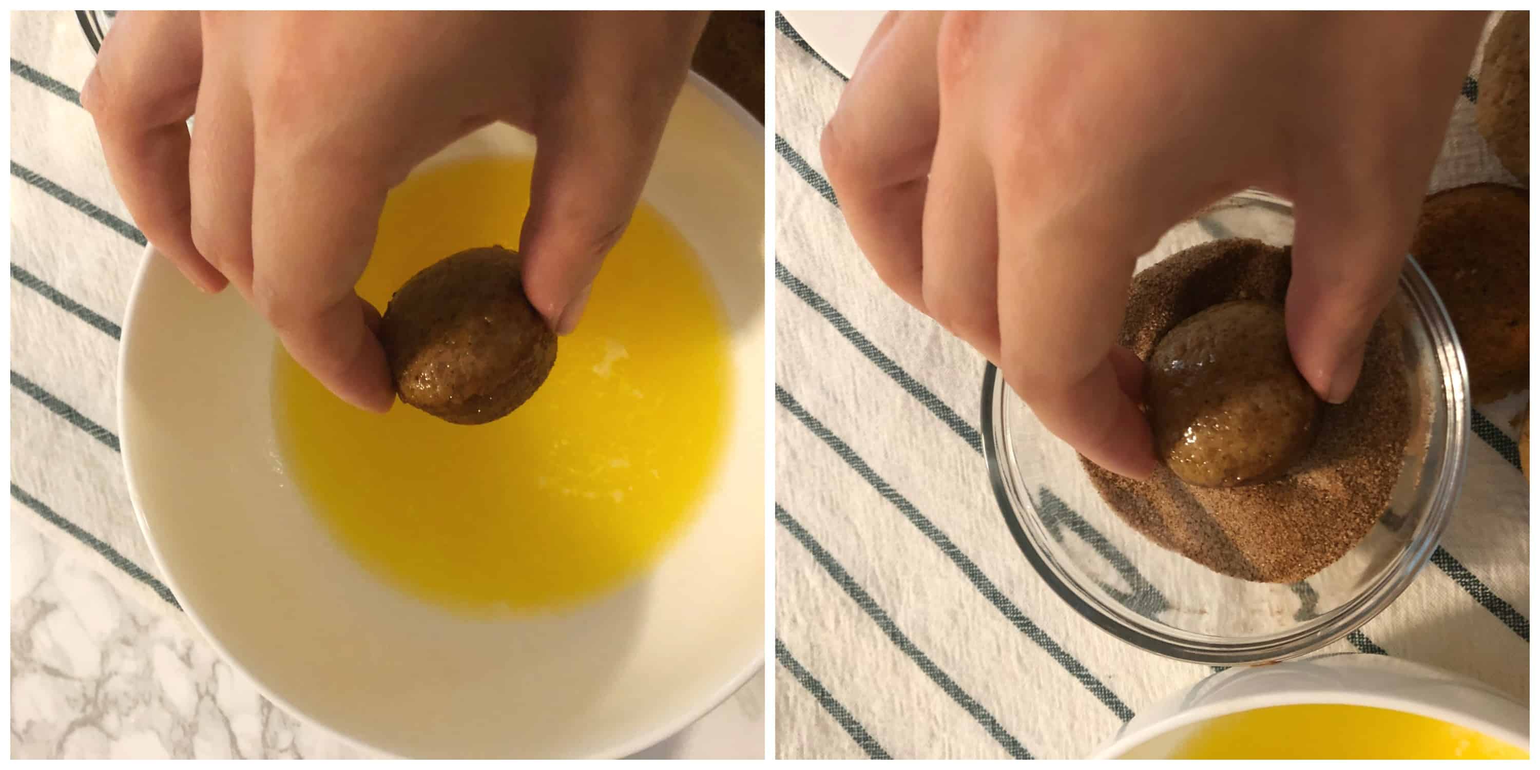donut hole dunked in butter then in cinnamon and sugar