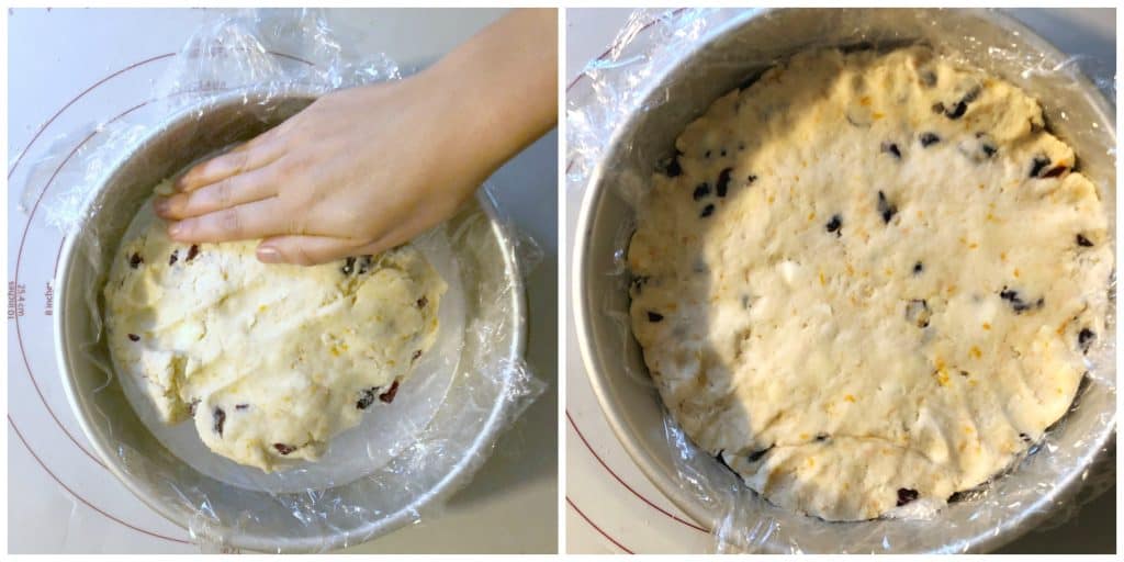 scone dough pressed into a cake pan