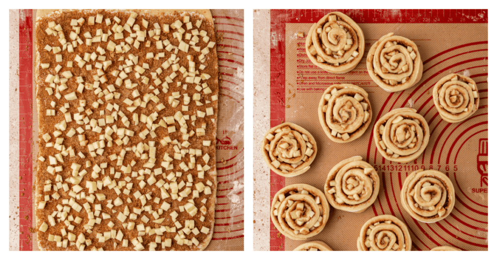 apples and cinnamon sugar mixture sprinkled on top of cinnamon rolls and cut