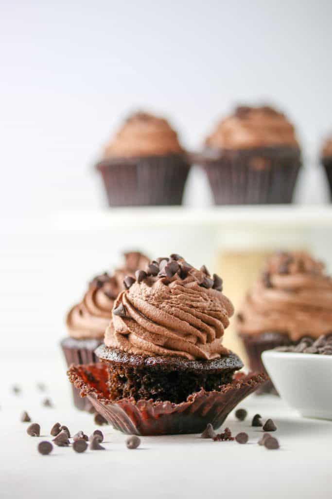 death by chocolate cupcakes with liner peeled away