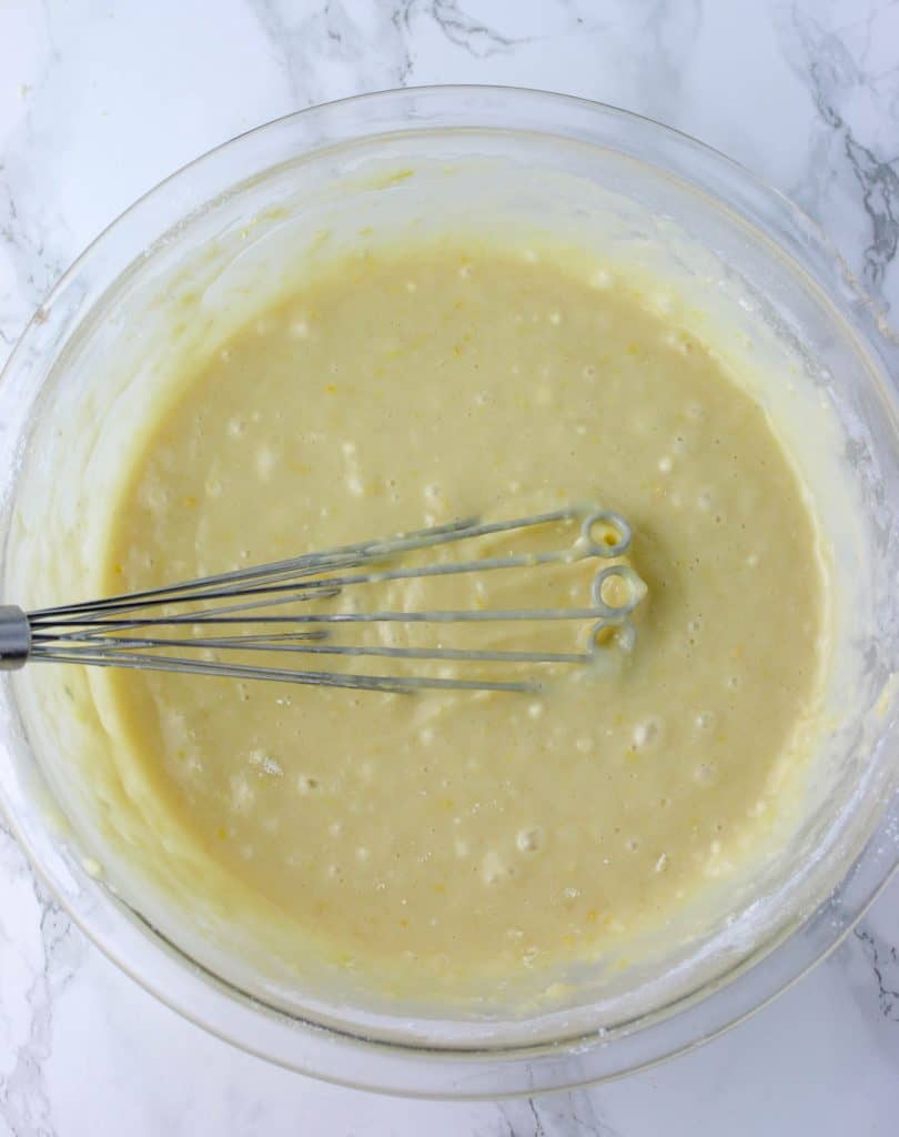 bowl of batter with a whisk