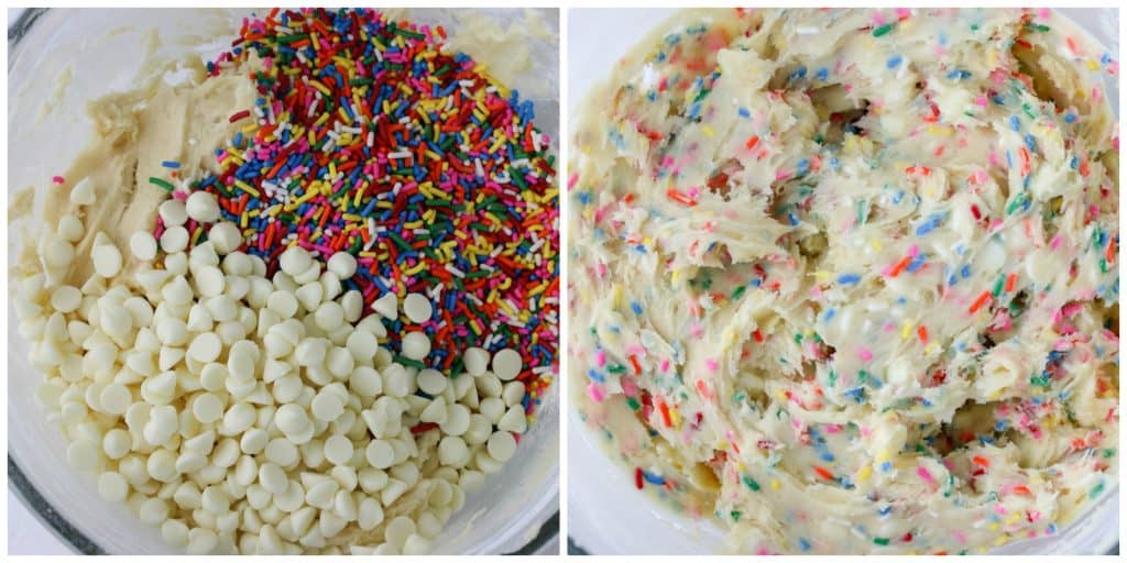 white chocolate chips and sprinkles in funfetti bar bowl