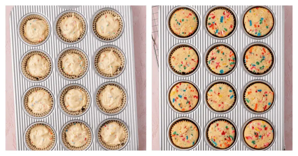 cupcake batter added to cupcake wells and baked