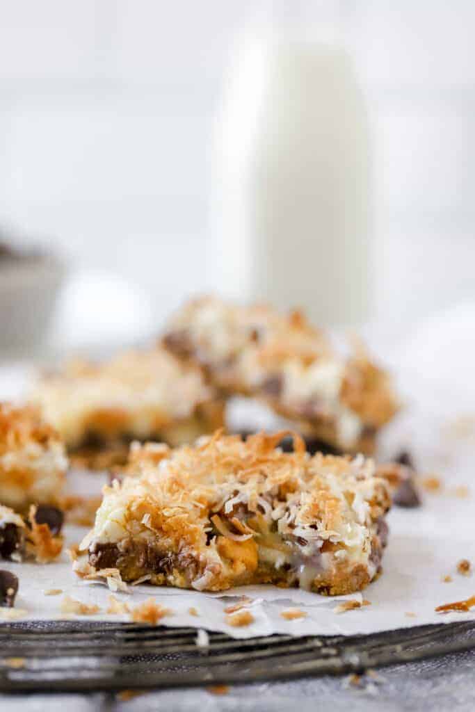 seven layer bar with a bite taken out of it