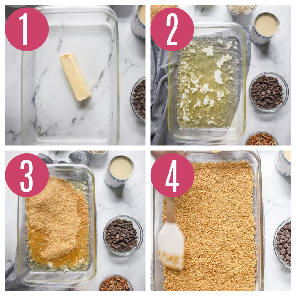 four step by step photos of making graham cracker layer for seven layer bars