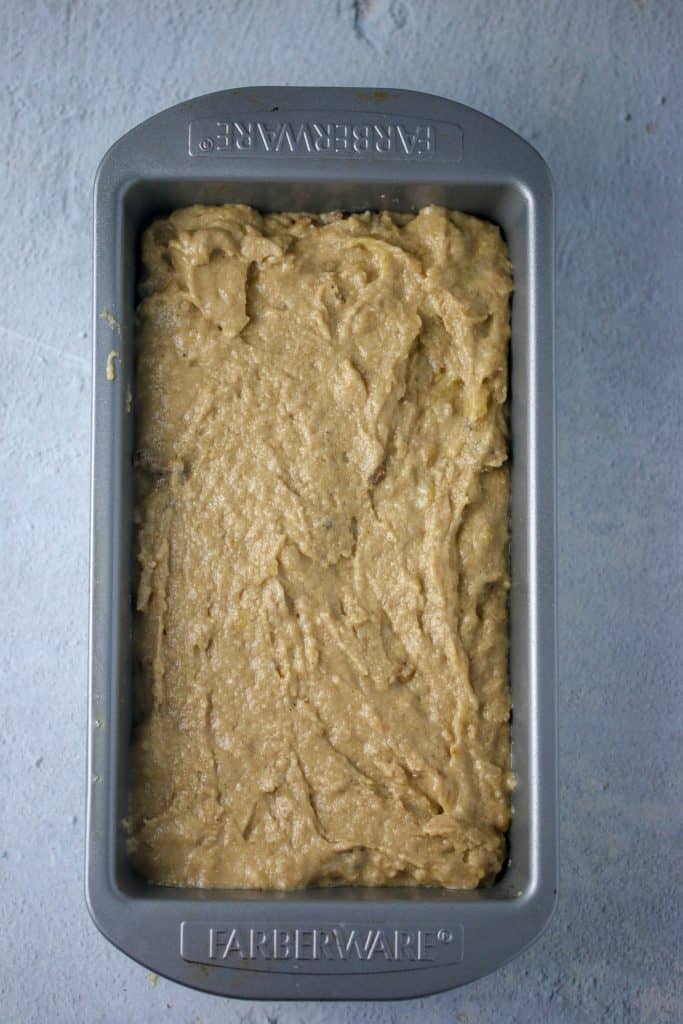 banana bread batter in a loaf pan unbaked